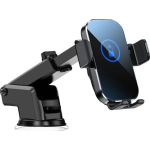 A black 15W fast wireless car charger with a sleek design and adjustable holder for phones.