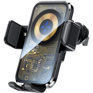 A black and gold wireless car charger with a minimalist design and a logo on the front.
