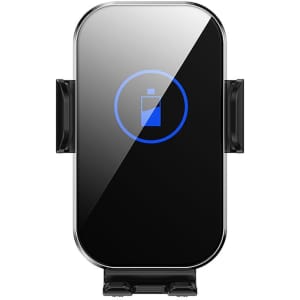 A black 15W fast wireless car charger with a sleek design and a holder for a phone. Features a logo on the front.