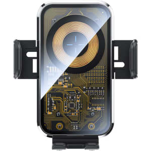 A fast wireless car charger with a sleek design, featuring a black and gold circuit pattern and a holder mount.