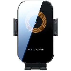 A black and silver fast wireless car charger featuring a holder for phones and a charging indicator.