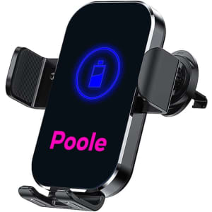A black fast wireless car charger with adjustable arms, featuring a branding logo at the centre.