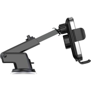 A black 15W fast wireless car charger with a flexible arm and a suction mount for attachments.