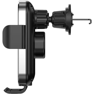 A black wireless car charger with a clip mount, designed for easy attachment to car vents.