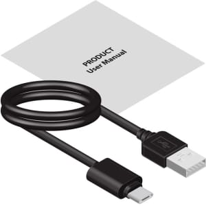 A black USB charging cable with a user manual laid beside it.