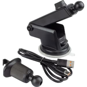 A black 15W wireless car charger with a suction mount and USB cable for easy installation.