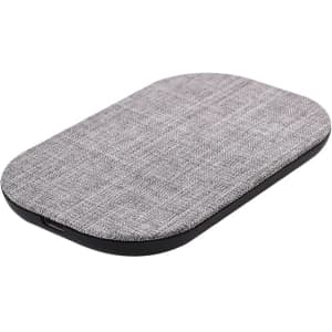A grey wireless charger with a textured surface and a sleek design, featuring a minimalist shape and a black base.