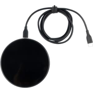 A black circular wireless charger with a cable, designed for charging devices.