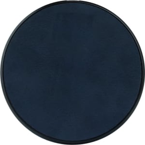 A round, navy blue wireless charger with a sleek, minimal design and a branding logo in the centre.