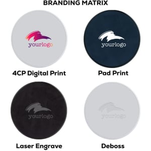 A circular product showcasing different branding options, featuring a mix of grey and black designs with a logo.