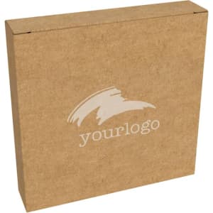 A brown cardboard box featuring a logo on the front, suitable for packaging a product.