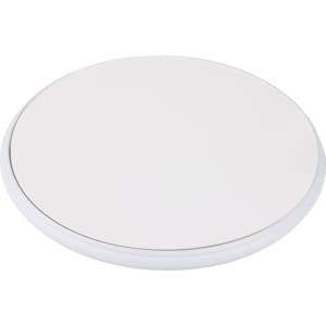 A round, white eco wireless charger with a smooth surface and a thin profile. It features a logo on the design.