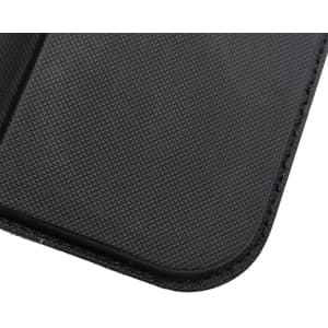 A black foldable mouse pad with a textured surface and magnetic features. It includes a logo.
