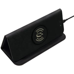 A black foldable magnetic wireless charging mouse pad with a sleek design and a logo on the surface.