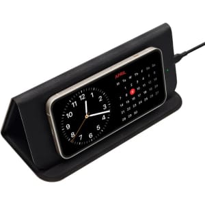 A sleek black foldable mouse pad with a built-in clock display and calendar, featuring a logo on the front.