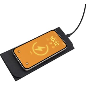 A wireless charging mouse pad in black with a smartphone displaying a charging indicator on top.
