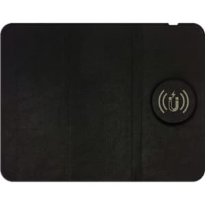 A black foldable magnetic wireless charging mouse pad featuring a circular logo.