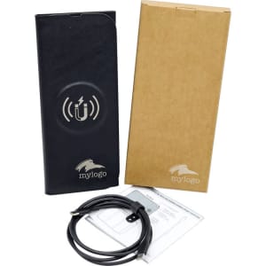 A foldable black wireless charging mouse pad with a logo, accompanied by a brown packaging box and charging cable.