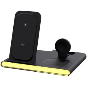 A black Haines 15W 3in1 magnetic wireless charger and USB adaptor with a sleek design and an integrated logo.