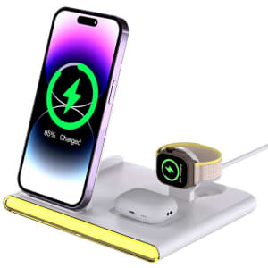 A wireless charger in white, featuring a phone, earbuds, and a smartwatch, with a logo present.