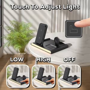 A black wireless charger and USB adaptor on a table with adjustable light settings. Features a logo.