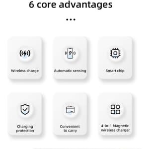 A series of icons highlighting six advantages of a product, including wireless charge and automatic sensing features.