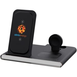 A black magnetic wireless charger with a USB adaptor, featuring a branding logo and a sleek design.