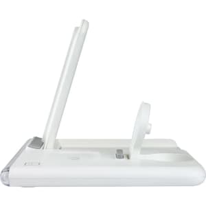 A white Haines 15W 3n1 magnetic wireless charger and USB adaptor with a sleek design and an angled charging stand.