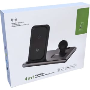 A wireless charging station featuring a sleek black design, with three charging areas and a logo on the packaging.