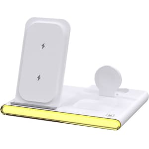 A white magnetic wireless charger with a USB adaptor, featuring a sleek design and yellow accent along the base.