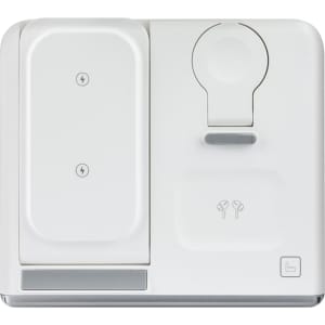 A white magnetic wireless charger and USB adaptor with an integrated logo, featuring two charging sections.