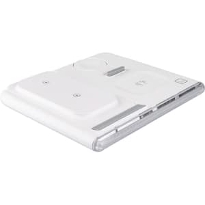 A white magnetic wireless charger and USB adaptor with multiple charging surfaces and a sleek design.
