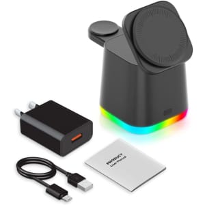A black magnetic wireless charger, a USB cable, an 18W adaptor, and a user manual, featuring a colour-changing base.