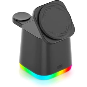 A black 4-in-1 wireless charger with a circular top and multicoloured LED light at the base.