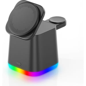 A black magnetic wireless charger with a circular charging pad and an LED light strip in rainbow colours at the base.