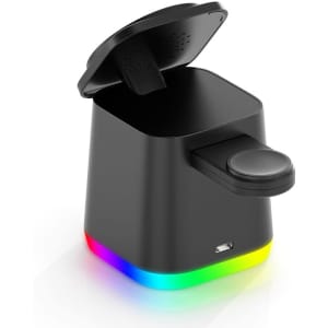 A black wireless charger with a textured lid and a multi-coloured LED base. It features a side button and a charging port.