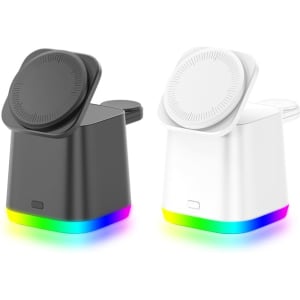 A wireless charger set featuring a black and a white unit, both with a rainbow-lit base. Each unit has a circular charging pad.