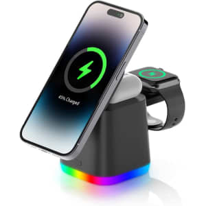 A 15W magnetic wireless charger in black with a multicoloured base, charging a phone and smartwatch.
