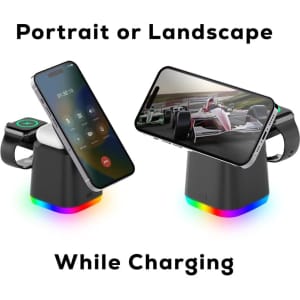 A magnetic wireless charger in black, featuring a multi-colour light base and supporting portrait or landscape phone positioning.