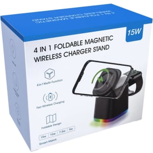 A foldable magnetic wireless charger stand in a blue box, featuring multiple charging options and a sleek design.