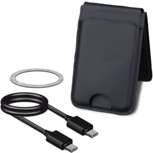 A black magnetic card wallet with a wireless charging stand and a USB-C cable. The set includes a magnetic ring.