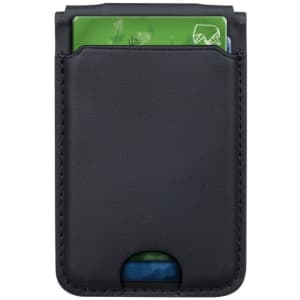 A black magnetic card wallet with slots for cards, designed for wireless charging capabilities.