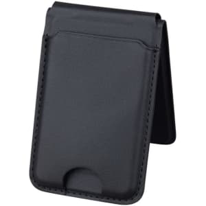 A black magnetic card wallet and wireless charging stand with a sleek design. Features a logo on the surface.