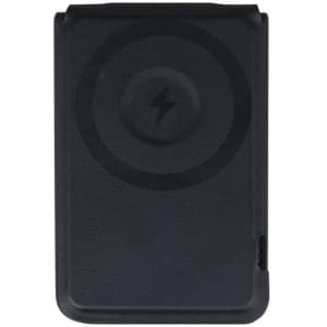 A black magnetic card wallet and wireless charging stand with a circular design feature.