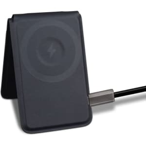 A black magnetic card wallet and wireless charging stand with a cable attached. It features a logo on the surface.