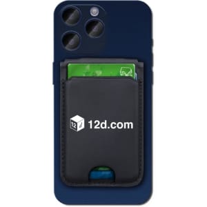 A navy phone with a black magnetic card wallet attached, featuring a logo and holding a green card inside.