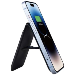A magnetic card wallet and wireless charging stand for phones, featuring a sleek black design and a blue accent.