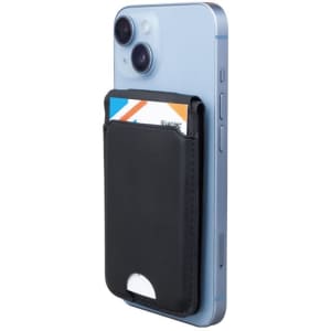 A black magnetic card wallet attached to a light blue smartphone, holding a card in its slot.