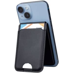 A black magnetic card wallet attached to a blue smartphone, designed for wireless charging. It includes a slot for cards.