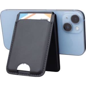 A black magnetic card wallet attached to a smartphone, serving as a wireless charging stand.